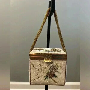 Vintage 1950s Fuji Made In Japan Bag box beaded with makeup mirror